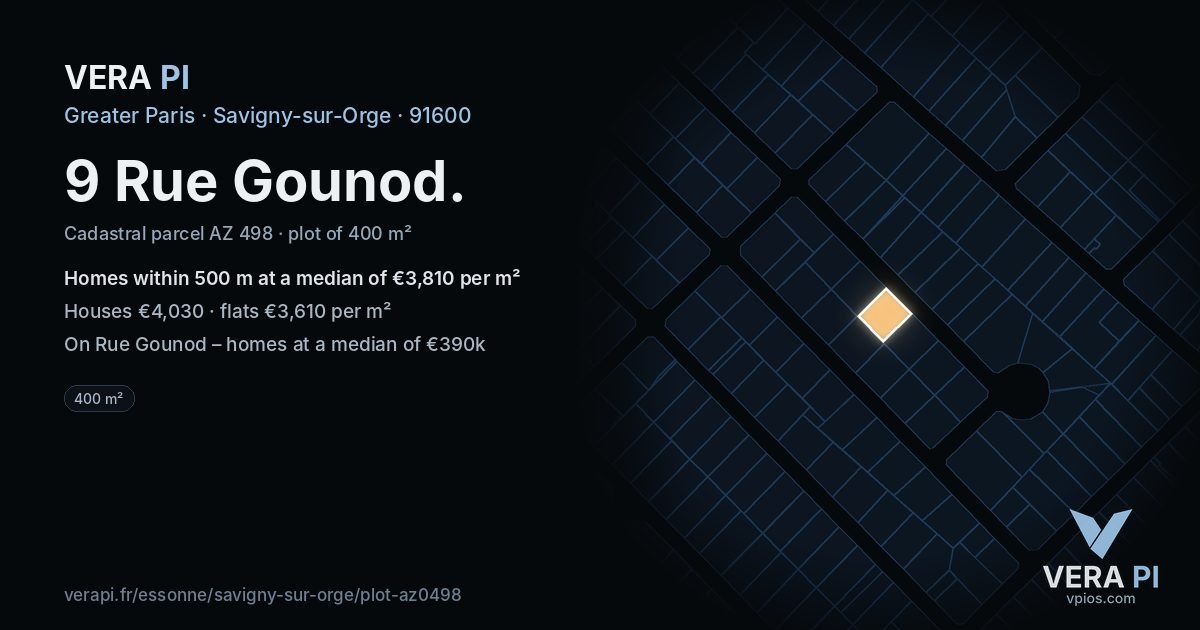 9 Rue Gounod, Savigny-sur-Orge at night – the plot lit, the parcels around coloured by the prices near them