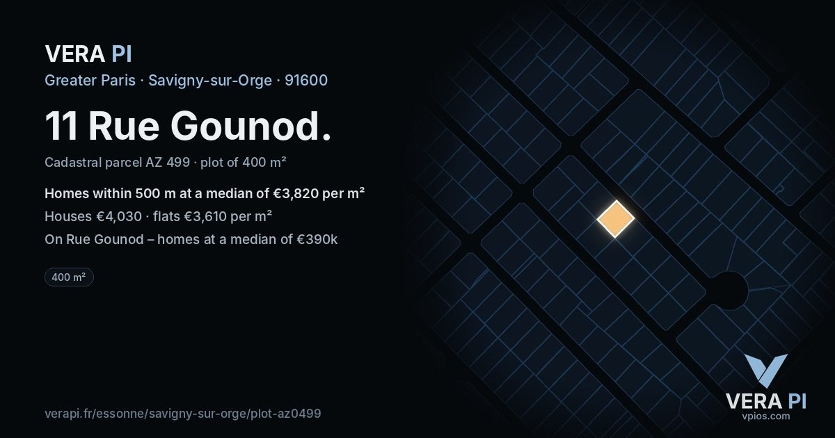 11 Rue Gounod, Savigny-sur-Orge at night – the plot lit, the parcels around coloured by the prices near them