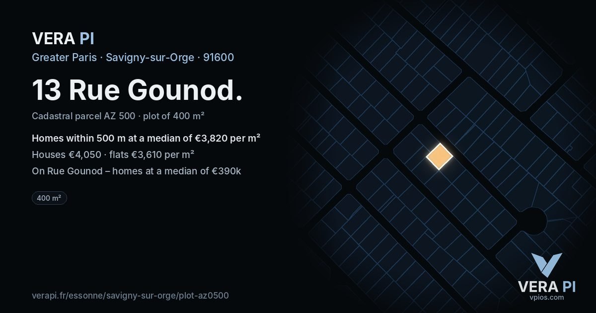 13 Rue Gounod, Savigny-sur-Orge at night – the plot lit, the parcels around coloured by the prices near them