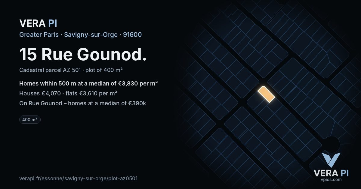 15 Rue Gounod, Savigny-sur-Orge at night – the plot lit, the parcels around coloured by the prices near them