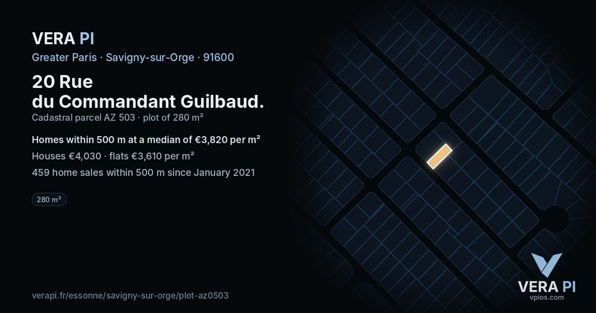 20 Rue du Commandant Guilbaud, Savigny-sur-Orge at night – the plot lit, the parcels around coloured by the prices near them