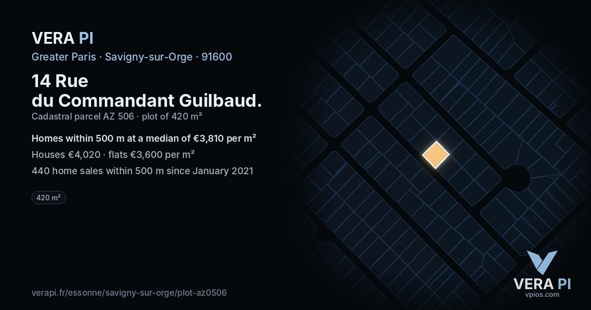 14 Rue du Commandant Guilbaud, Savigny-sur-Orge at night – the plot lit, the parcels around coloured by the prices near them