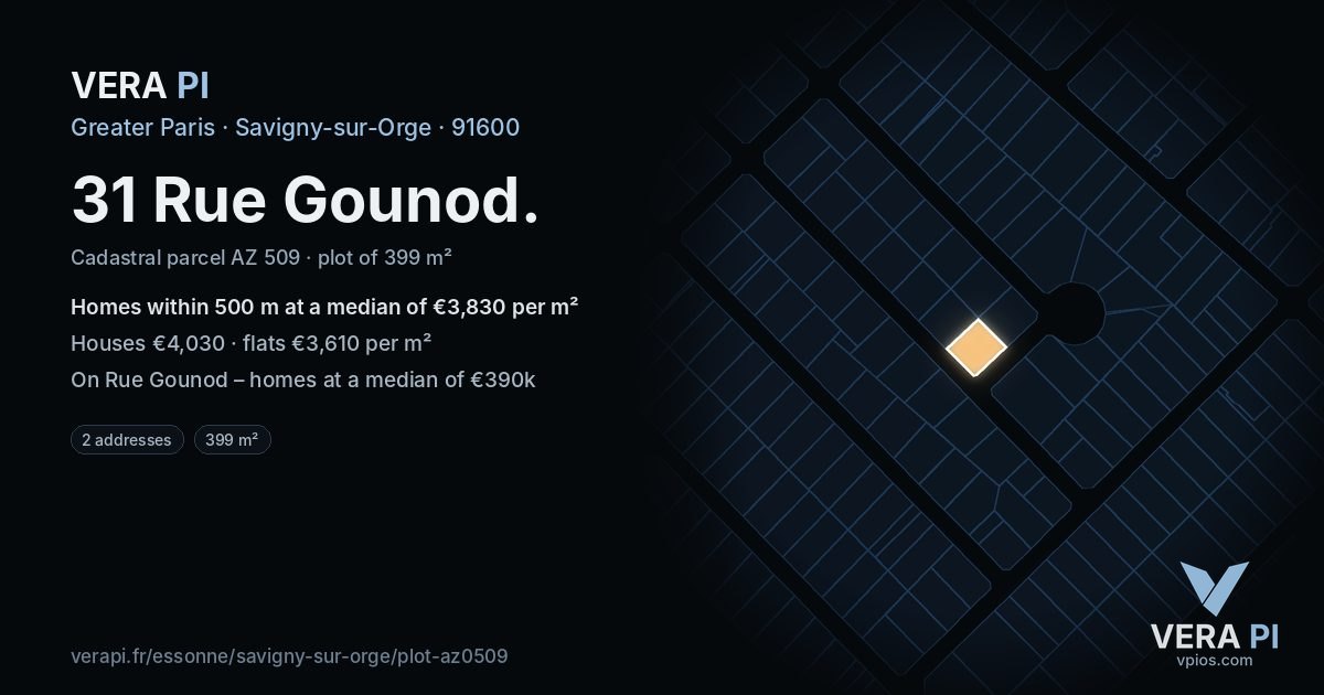 31 Rue Gounod, Savigny-sur-Orge at night – the plot lit, the parcels around coloured by the prices near them