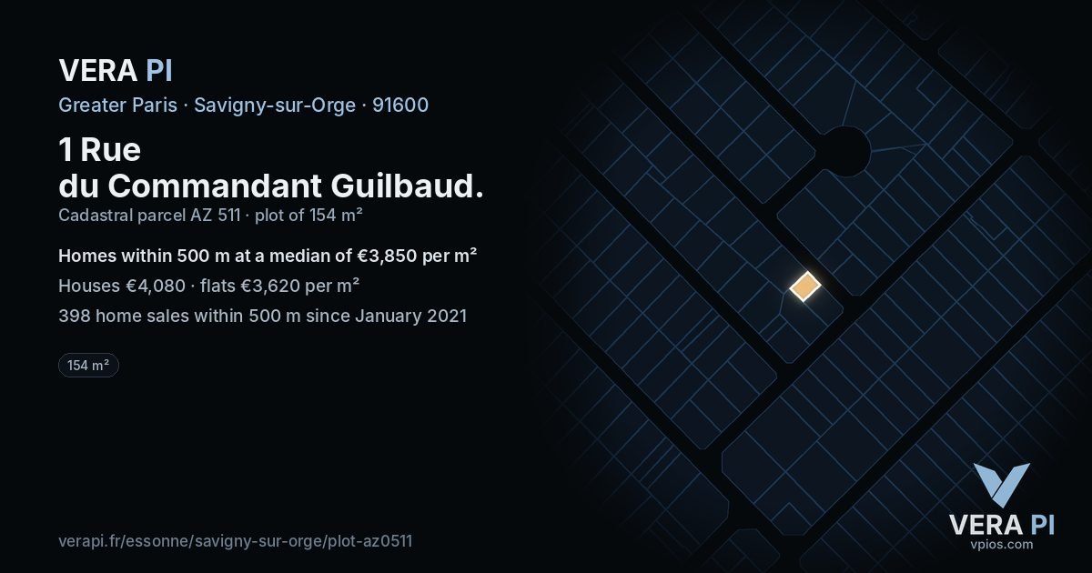 1 Rue du Commandant Guilbaud, Savigny-sur-Orge at night – the plot lit, the parcels around coloured by the prices near them