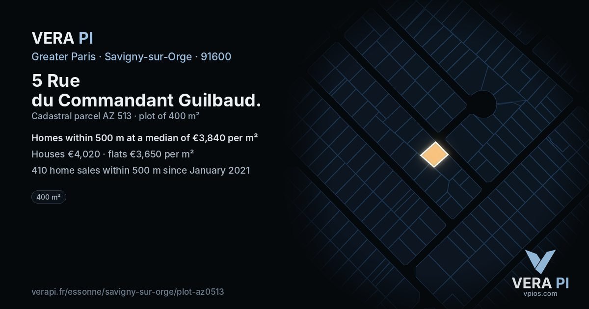 5 Rue du Commandant Guilbaud, Savigny-sur-Orge at night – the plot lit, the parcels around coloured by the prices near them