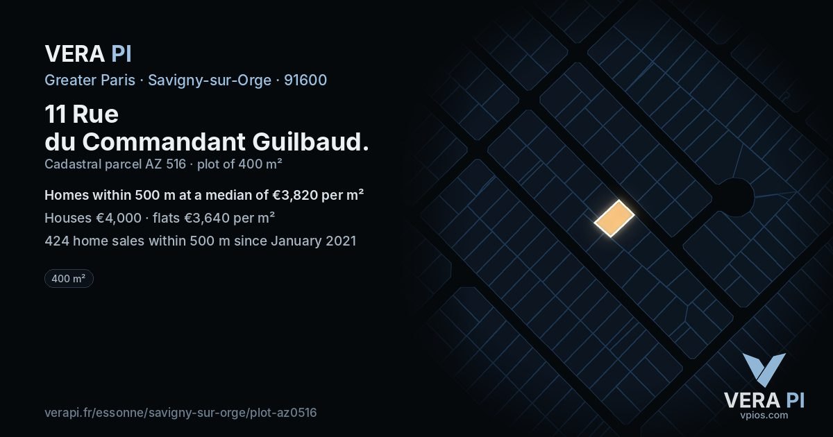 11 Rue du Commandant Guilbaud, Savigny-sur-Orge at night – the plot lit, the parcels around coloured by the prices near them
