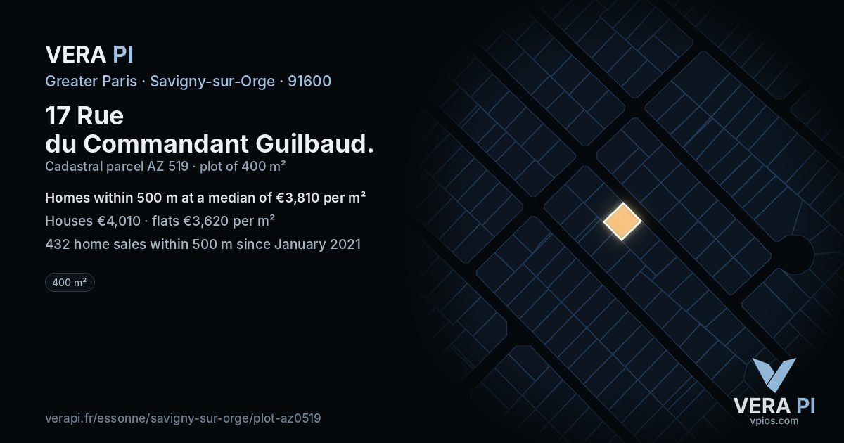 17 Rue du Commandant Guilbaud, Savigny-sur-Orge at night – the plot lit, the parcels around coloured by the prices near them