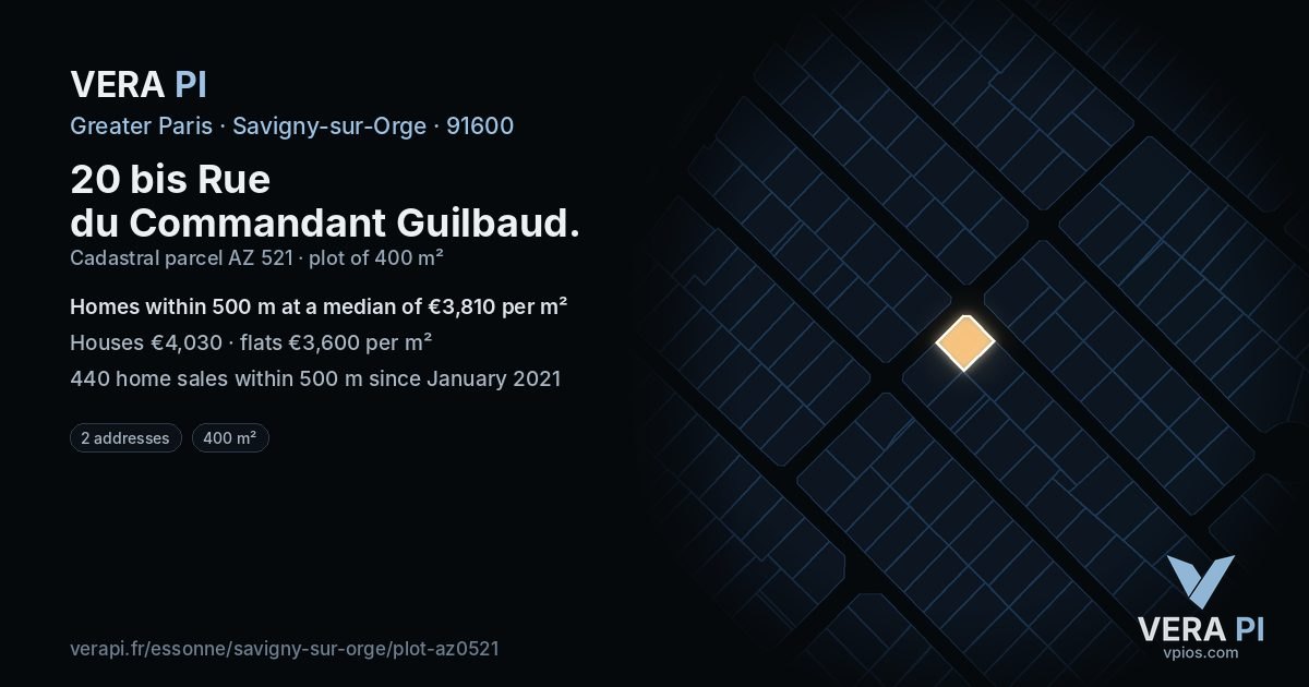 20 bis Rue du Commandant Guilbaud, Savigny-sur-Orge at night – the plot lit, the parcels around coloured by the prices near them