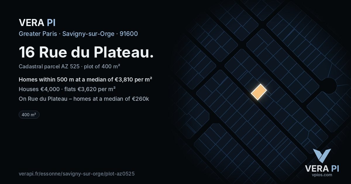 16 Rue du Plateau, Savigny-sur-Orge at night – the plot lit, the parcels around coloured by the prices near them