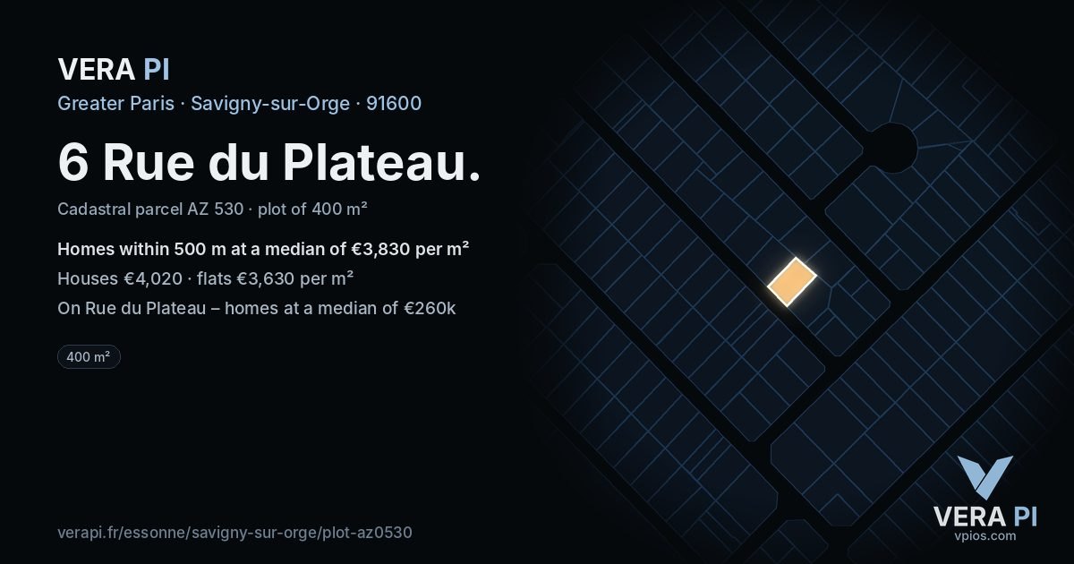 6 Rue du Plateau, Savigny-sur-Orge at night – the plot lit, the parcels around coloured by the prices near them