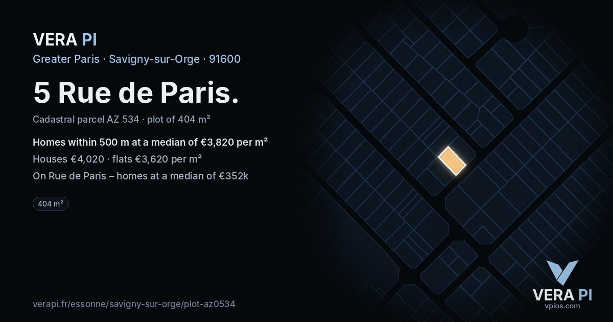 5 Rue de Paris, Savigny-sur-Orge at night – the plot lit, the parcels around coloured by the prices near them