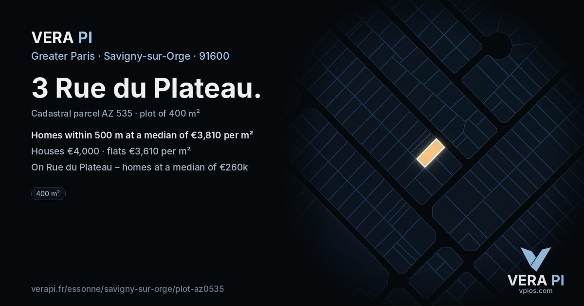 3 Rue du Plateau, Savigny-sur-Orge at night – the plot lit, the parcels around coloured by the prices near them