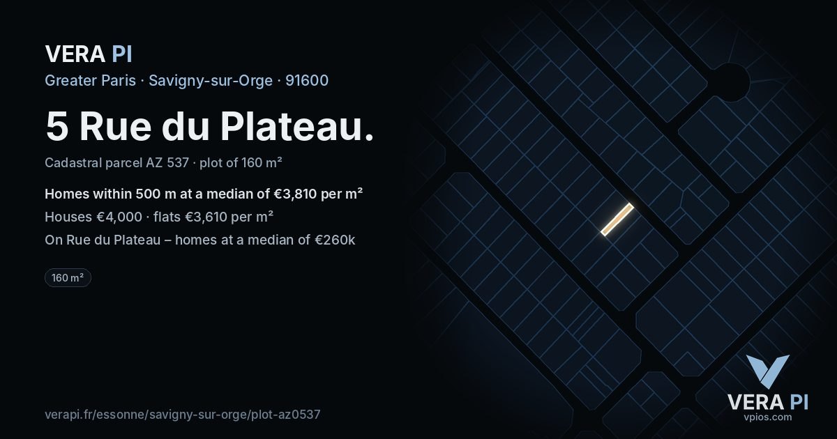 5 Rue du Plateau, Savigny-sur-Orge at night – the plot lit, the parcels around coloured by the prices near them
