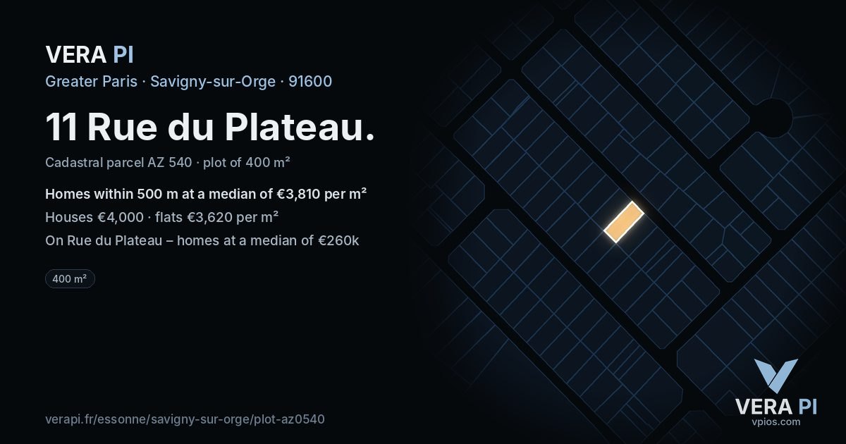 11 Rue du Plateau, Savigny-sur-Orge at night – the plot lit, the parcels around coloured by the prices near them