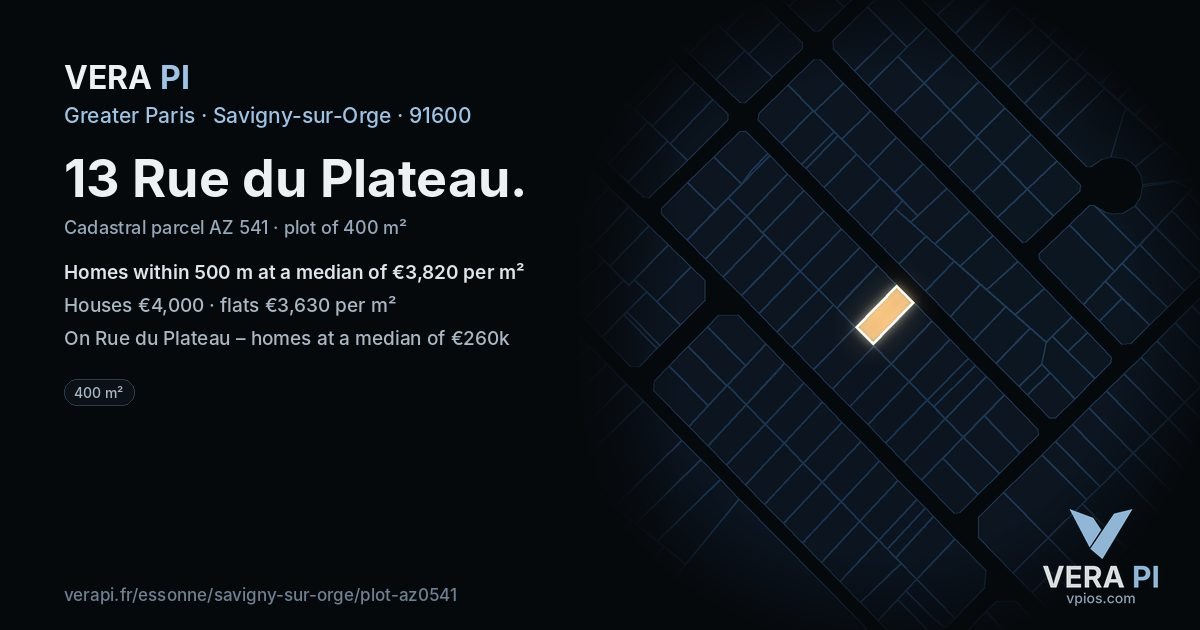 13 Rue du Plateau, Savigny-sur-Orge at night – the plot lit, the parcels around coloured by the prices near them