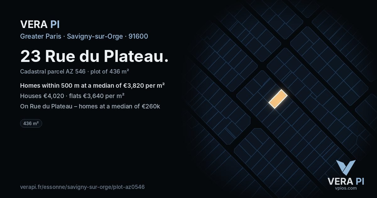 23 Rue du Plateau, Savigny-sur-Orge at night – the plot lit, the parcels around coloured by the prices near them
