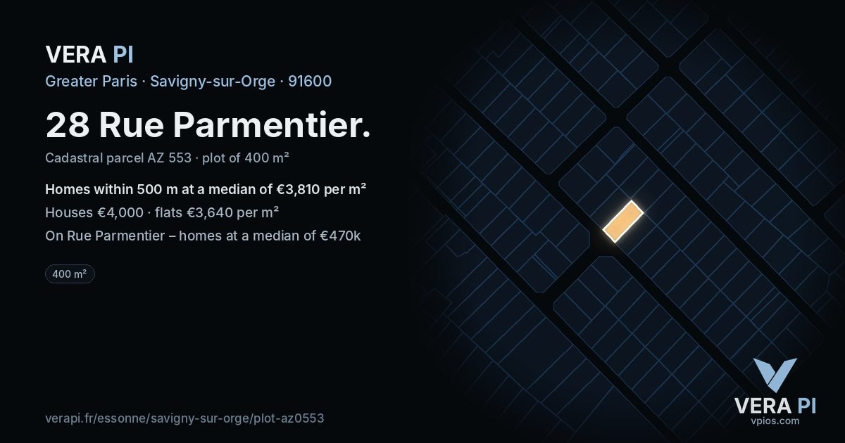 28 Rue Parmentier, Savigny-sur-Orge at night – the plot lit, the parcels around coloured by the prices near them