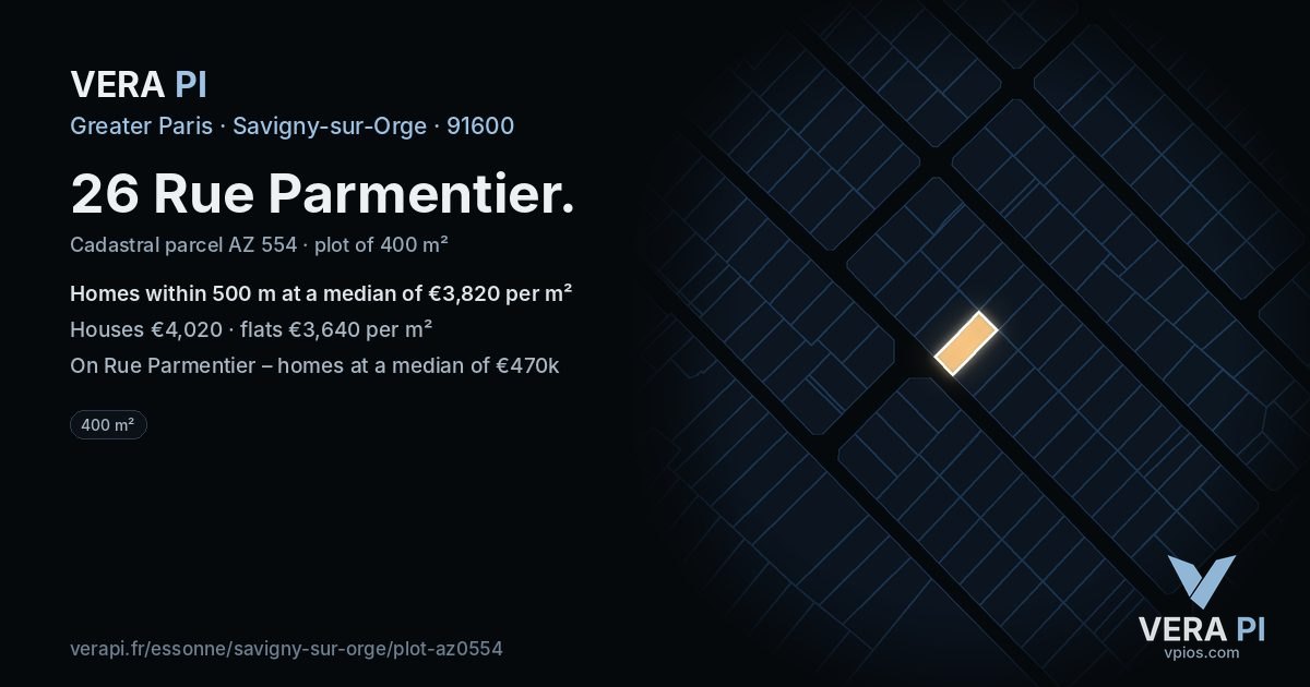 26 Rue Parmentier, Savigny-sur-Orge at night – the plot lit, the parcels around coloured by the prices near them