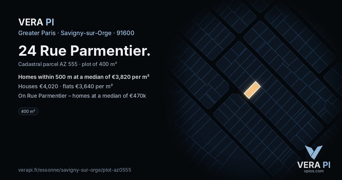 24 Rue Parmentier, Savigny-sur-Orge at night – the plot lit, the parcels around coloured by the prices near them