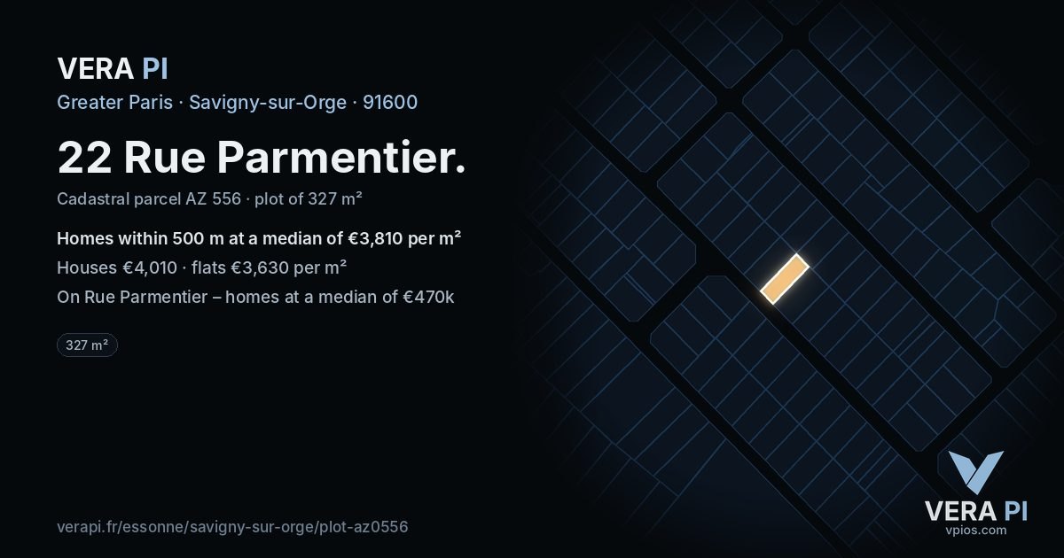 22 Rue Parmentier, Savigny-sur-Orge at night – the plot lit, the parcels around coloured by the prices near them