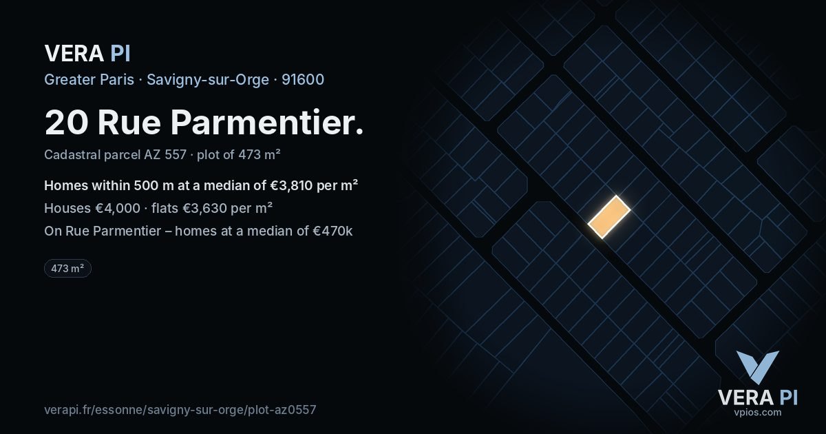 20 Rue Parmentier, Savigny-sur-Orge at night – the plot lit, the parcels around coloured by the prices near them