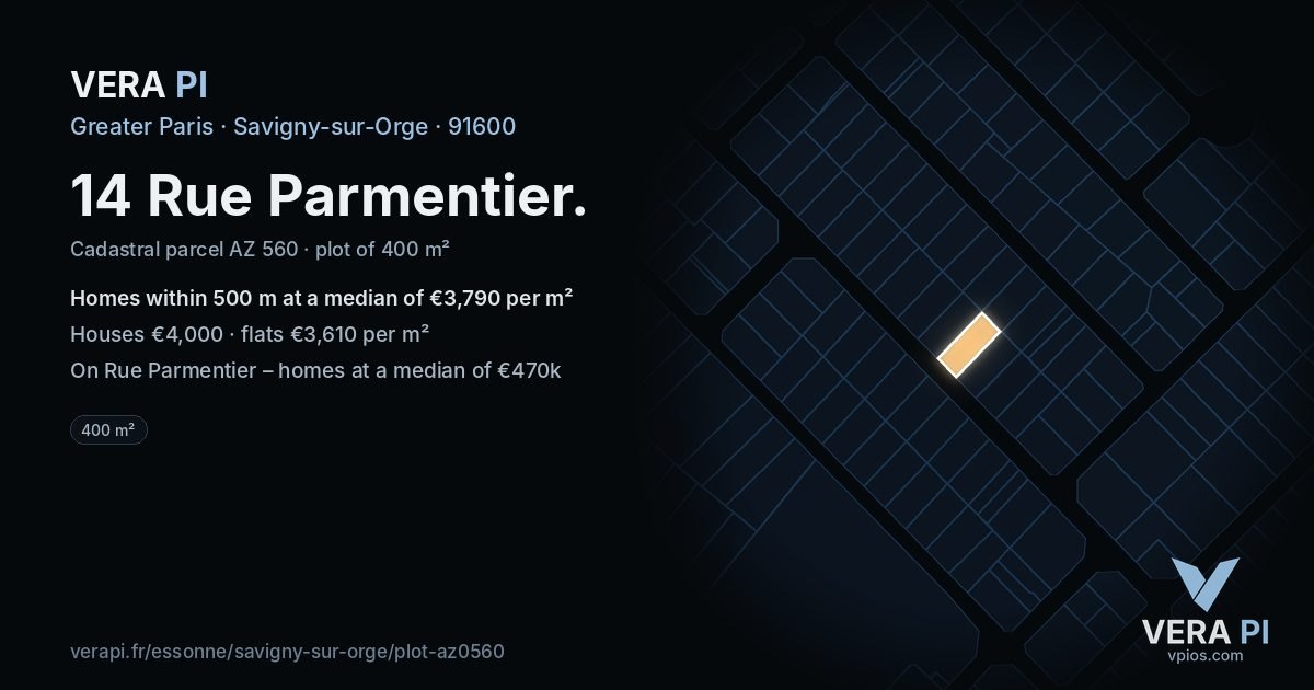 14 Rue Parmentier, Savigny-sur-Orge at night – the plot lit, the parcels around coloured by the prices near them