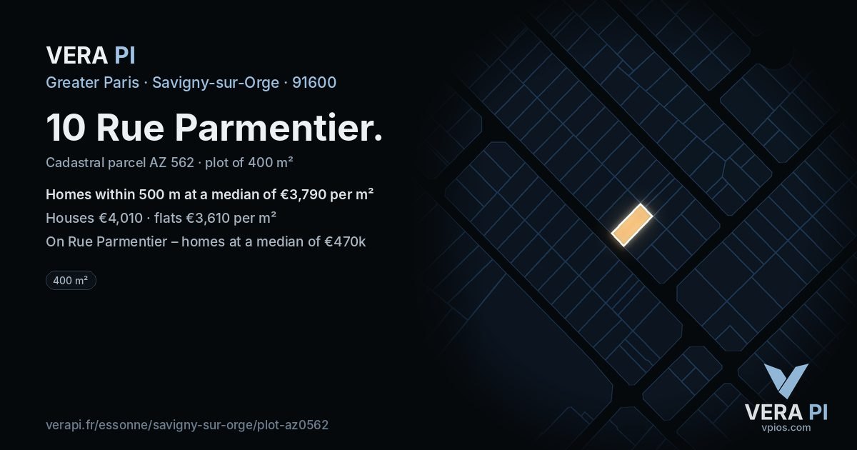 10 Rue Parmentier, Savigny-sur-Orge at night – the plot lit, the parcels around coloured by the prices near them