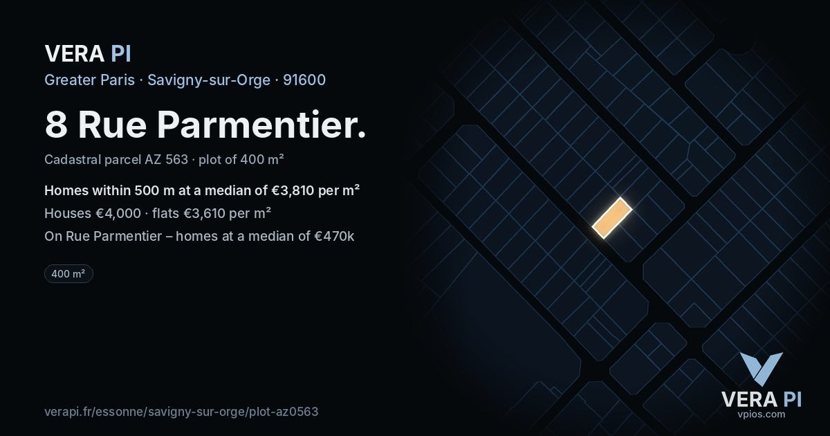 8 Rue Parmentier, Savigny-sur-Orge at night – the plot lit, the parcels around coloured by the prices near them