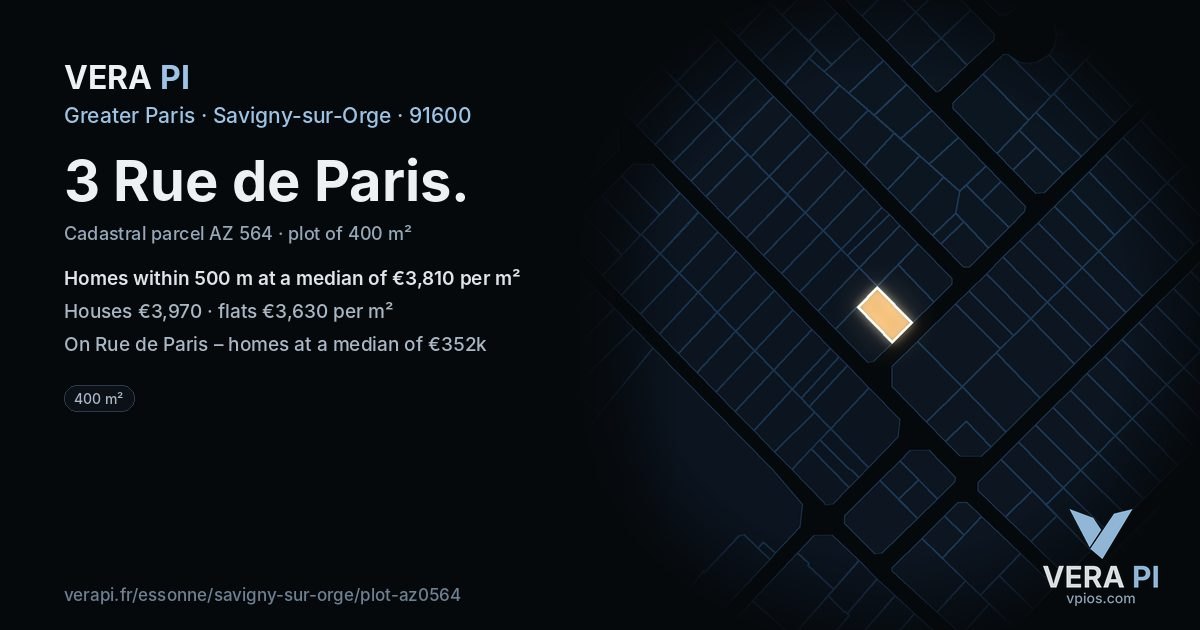 3 Rue de Paris, Savigny-sur-Orge at night – the plot lit, the parcels around coloured by the prices near them