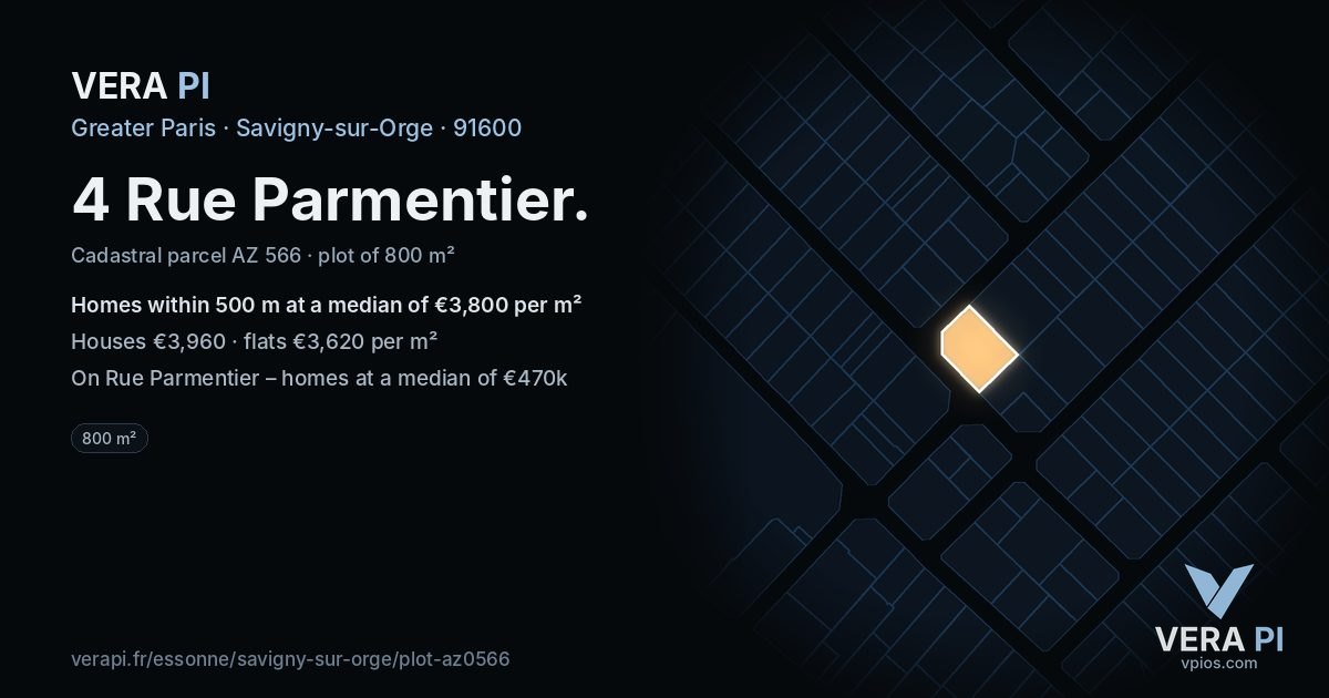 4 Rue Parmentier, Savigny-sur-Orge at night – the plot lit, the parcels around coloured by the prices near them