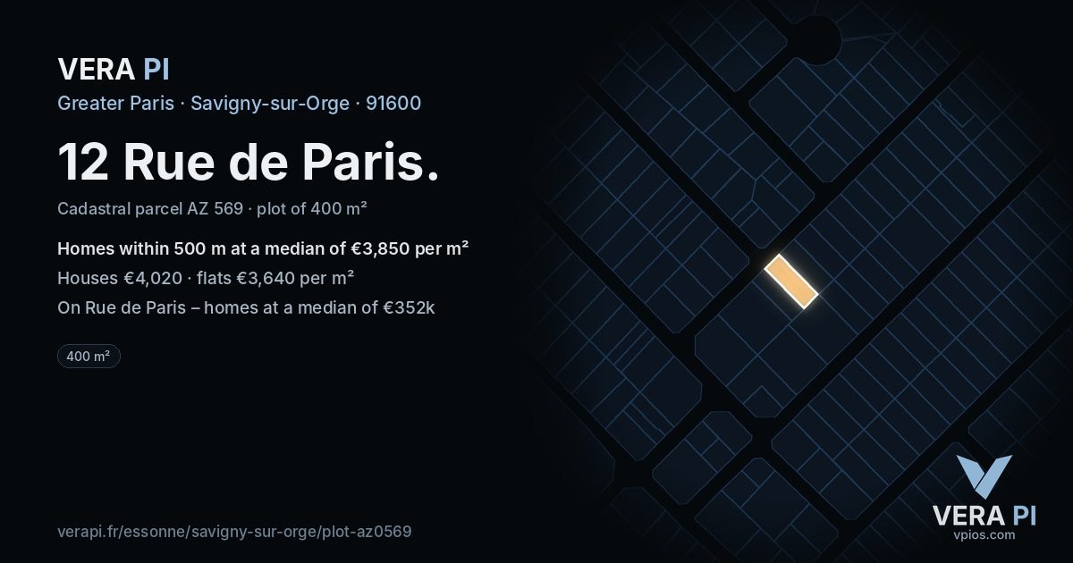 12 Rue de Paris, Savigny-sur-Orge at night – the plot lit, the parcels around coloured by the prices near them