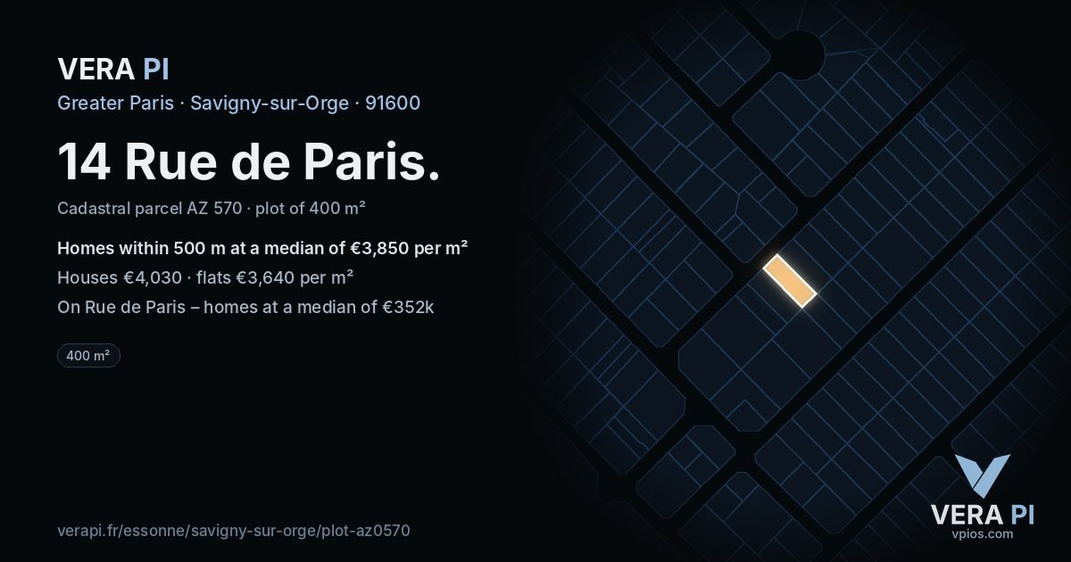 14 Rue de Paris, Savigny-sur-Orge at night – the plot lit, the parcels around coloured by the prices near them