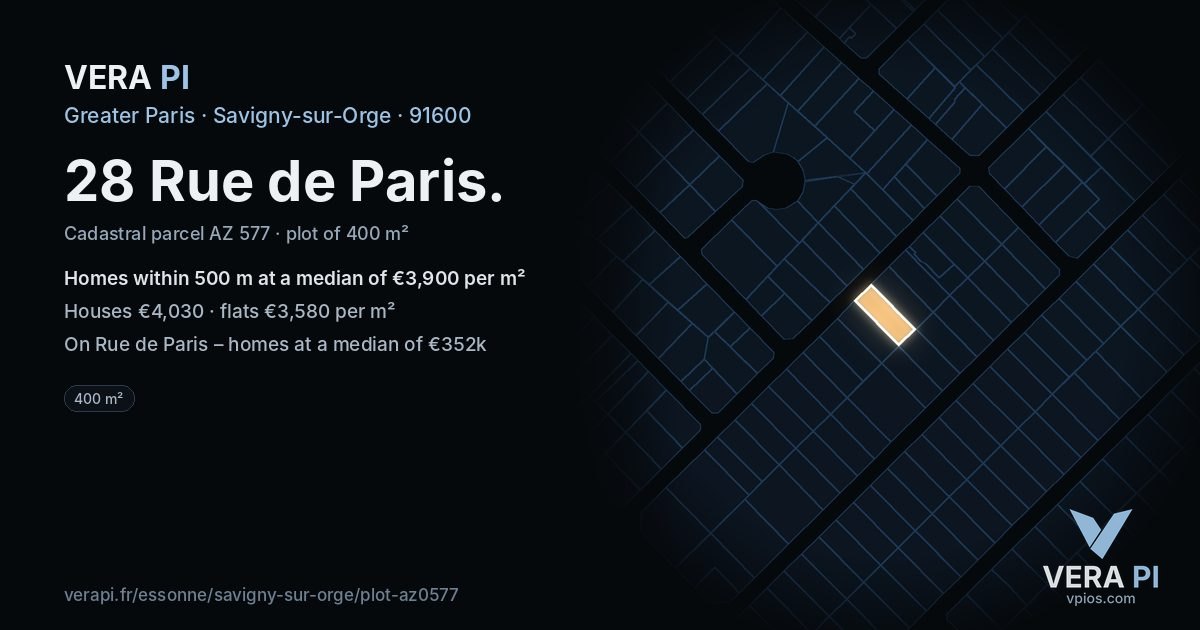 28 Rue de Paris, Savigny-sur-Orge at night – the plot lit, the parcels around coloured by the prices near them