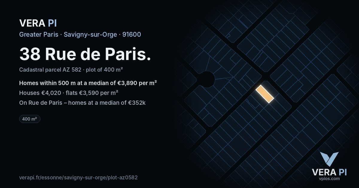 38 Rue de Paris, Savigny-sur-Orge at night – the plot lit, the parcels around coloured by the prices near them