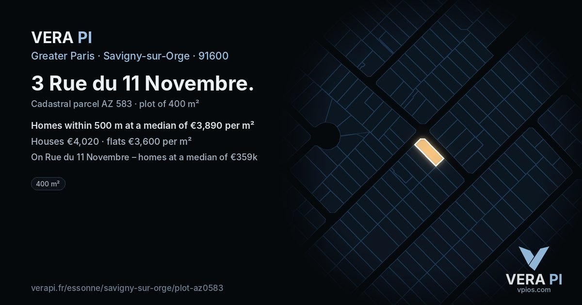 3 Rue du 11 Novembre, Savigny-sur-Orge at night – the plot lit, the parcels around coloured by the prices near them