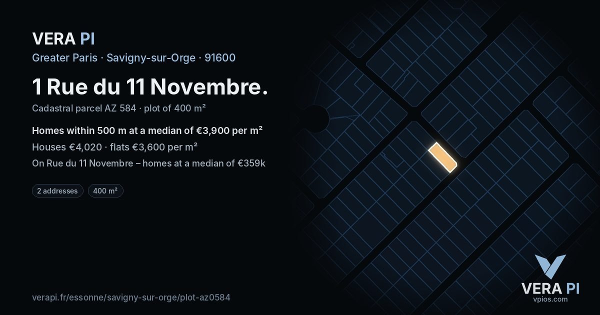 1 Rue du 11 Novembre, Savigny-sur-Orge at night – the plot lit, the parcels around coloured by the prices near them