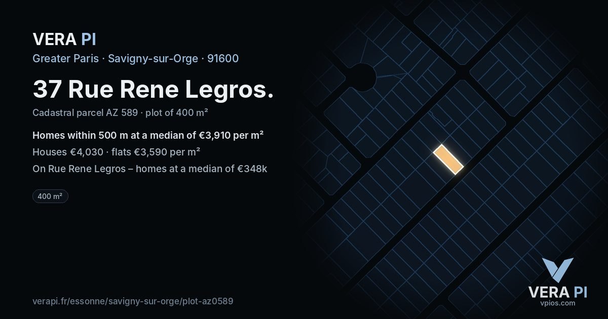 37 Rue Rene Legros, Savigny-sur-Orge at night – the plot lit, the parcels around coloured by the prices near them