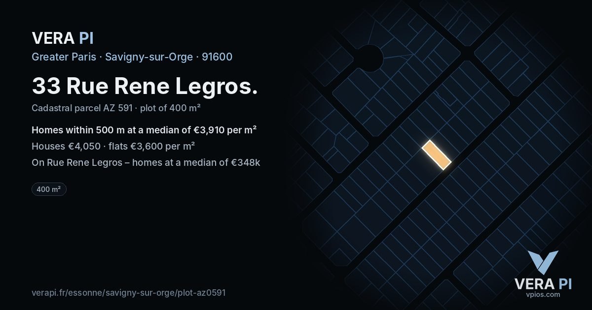 33 Rue Rene Legros, Savigny-sur-Orge at night – the plot lit, the parcels around coloured by the prices near them