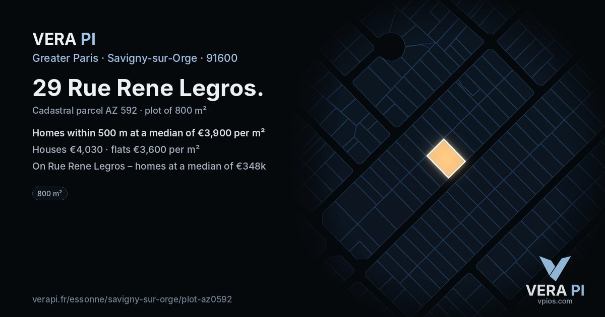 29 Rue Rene Legros, Savigny-sur-Orge at night – the plot lit, the parcels around coloured by the prices near them