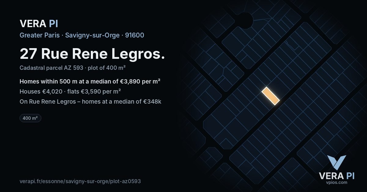 27 Rue Rene Legros, Savigny-sur-Orge at night – the plot lit, the parcels around coloured by the prices near them