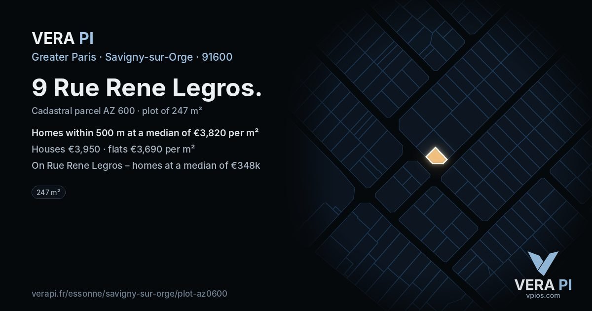 9 Rue Rene Legros, Savigny-sur-Orge at night – the plot lit, the parcels around coloured by the prices near them