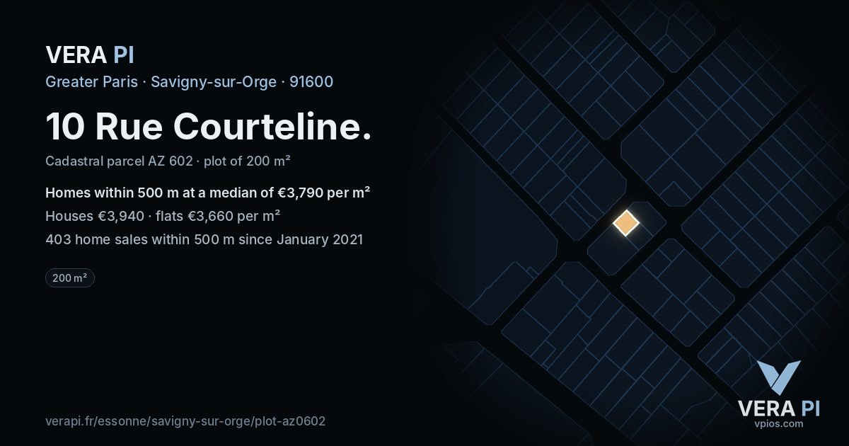 10 Rue Courteline, Savigny-sur-Orge at night – the plot lit, the parcels around coloured by the prices near them