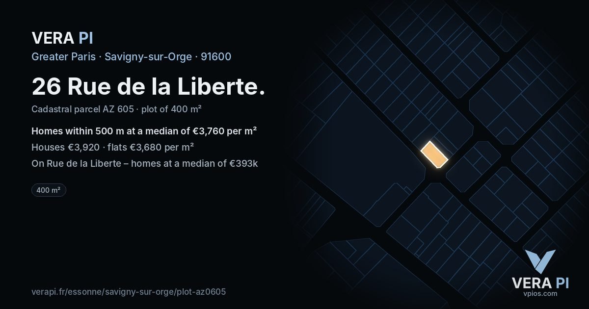 26 Rue de la Liberte, Savigny-sur-Orge at night – the plot lit, the parcels around coloured by the prices near them