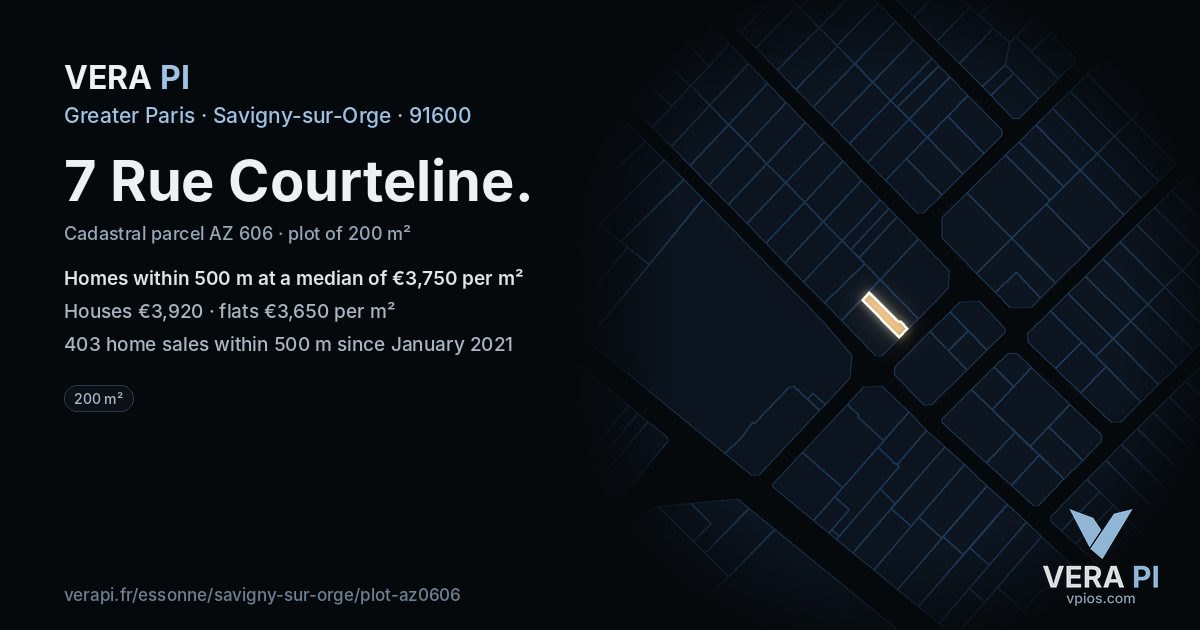 7 Rue Courteline, Savigny-sur-Orge at night – the plot lit, the parcels around coloured by the prices near them