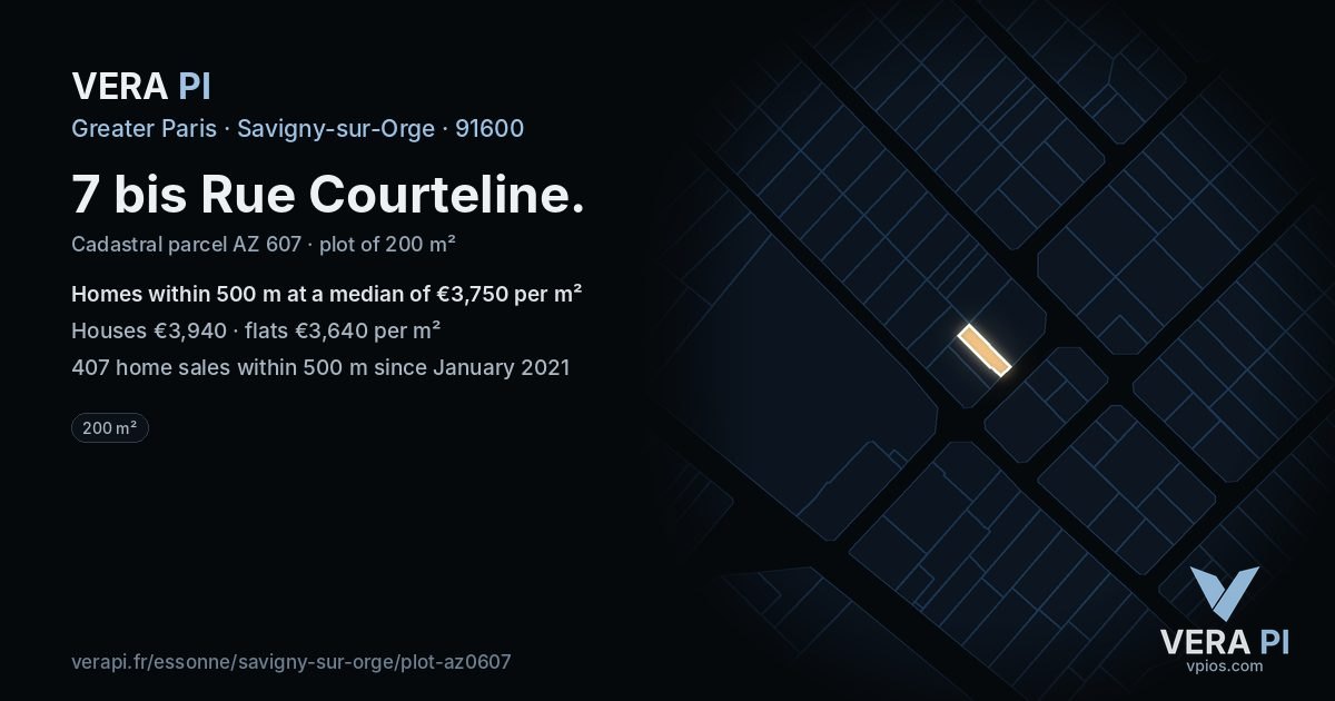 7 bis Rue Courteline, Savigny-sur-Orge at night – the plot lit, the parcels around coloured by the prices near them