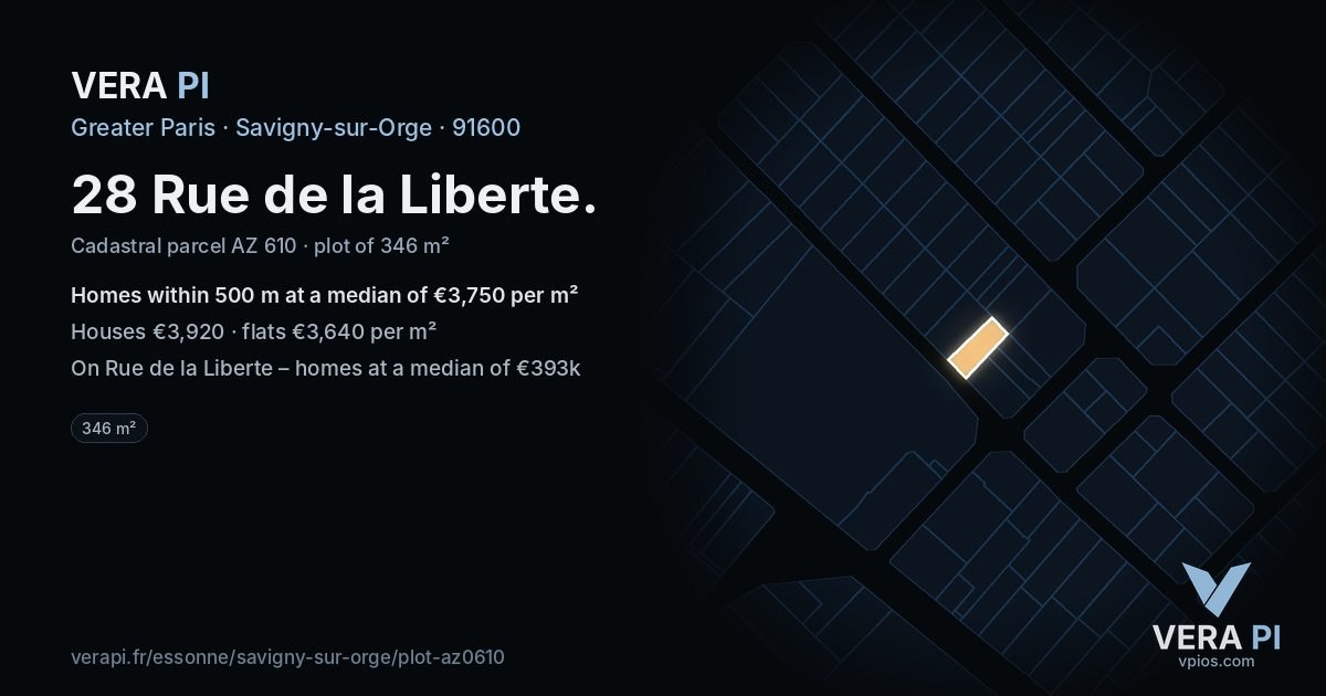 28 Rue de la Liberte, Savigny-sur-Orge at night – the plot lit, the parcels around coloured by the prices near them