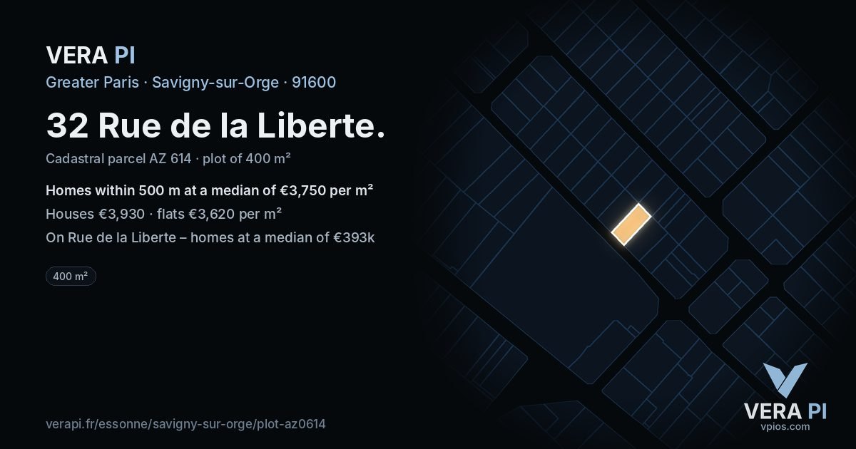 32 Rue de la Liberte, Savigny-sur-Orge at night – the plot lit, the parcels around coloured by the prices near them
