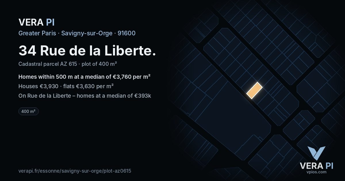 34 Rue de la Liberte, Savigny-sur-Orge at night – the plot lit, the parcels around coloured by the prices near them