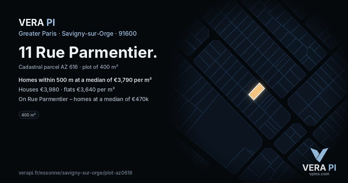 11 Rue Parmentier, Savigny-sur-Orge at night – the plot lit, the parcels around coloured by the prices near them