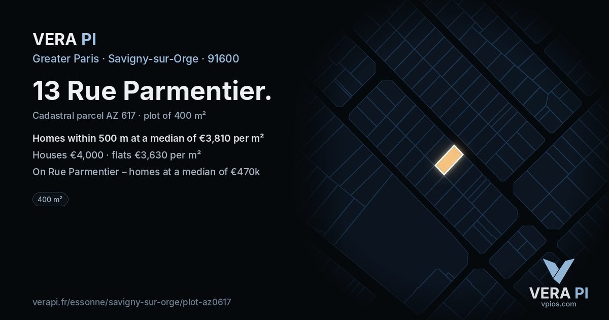 13 Rue Parmentier, Savigny-sur-Orge at night – the plot lit, the parcels around coloured by the prices near them